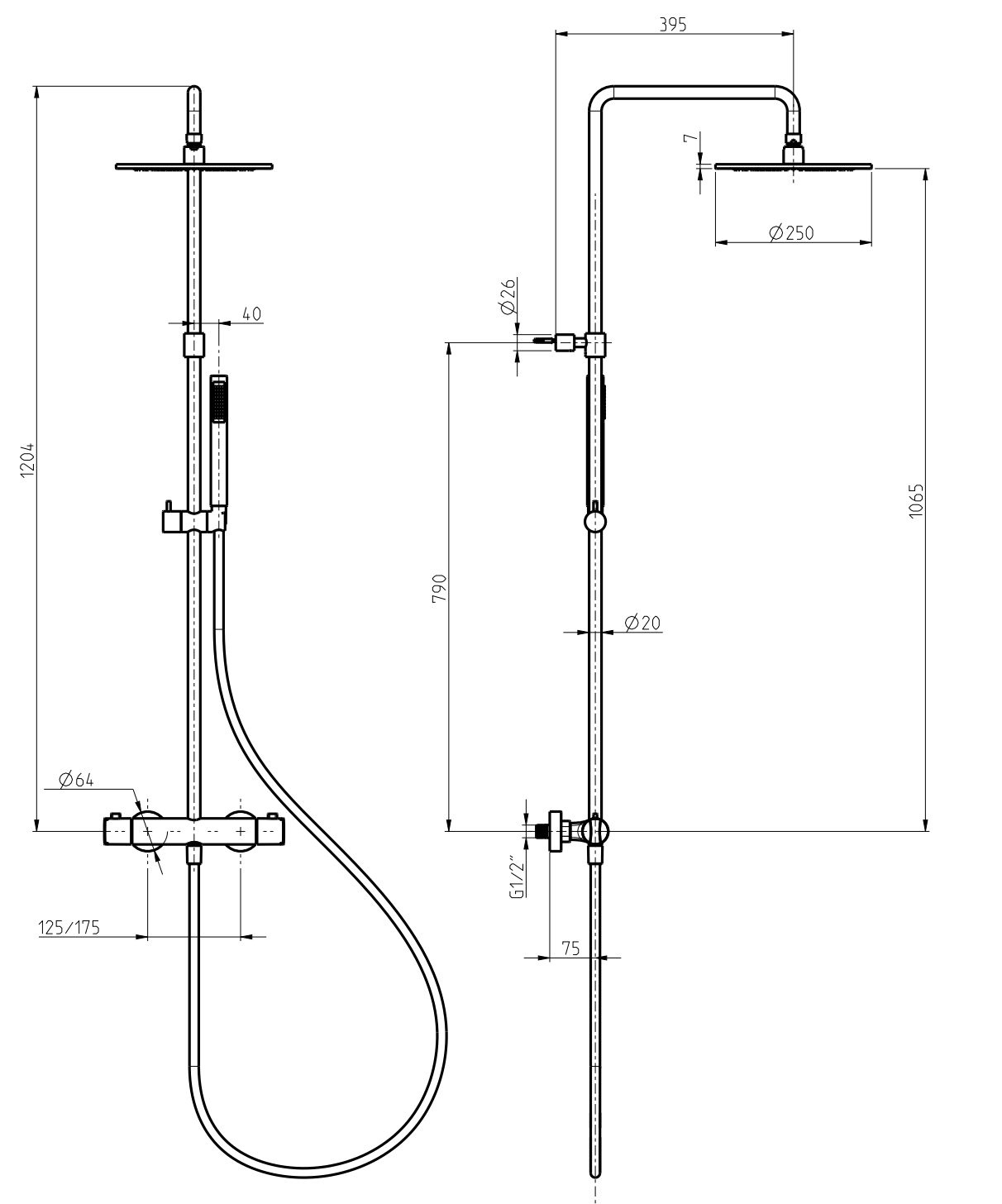 Colonne de douche mécanique chromée FRATTINI avec pommeau de douche rond en acier inoxydable de Ø 25 cm et douchette à main