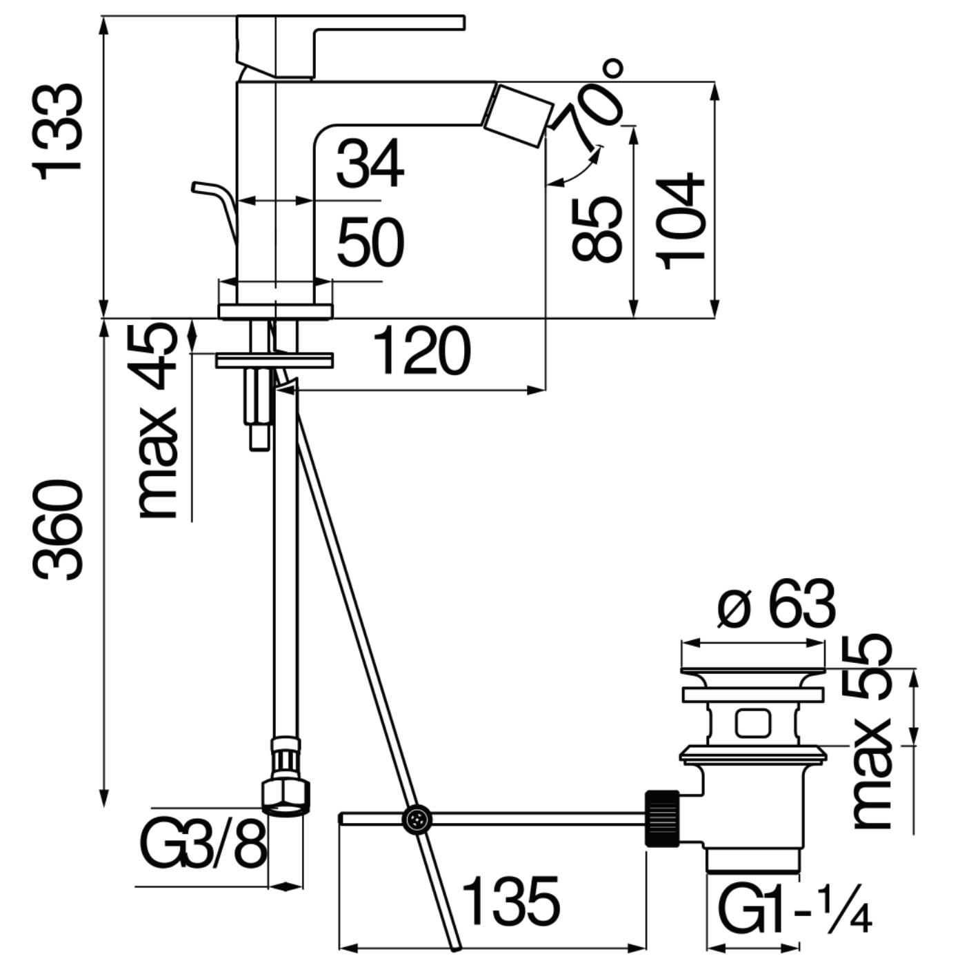 Série NOBILI UP – Mitigeur de bidet monocommande chromé avec bonde