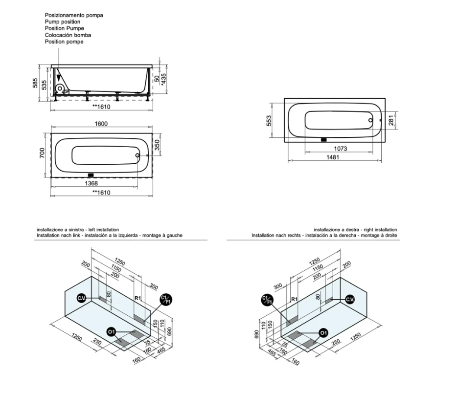 GLASS - Serie POP - Vasca da Bagno Rettangolare in Acrilico con Pannello – 160x70 e 170x70 cm