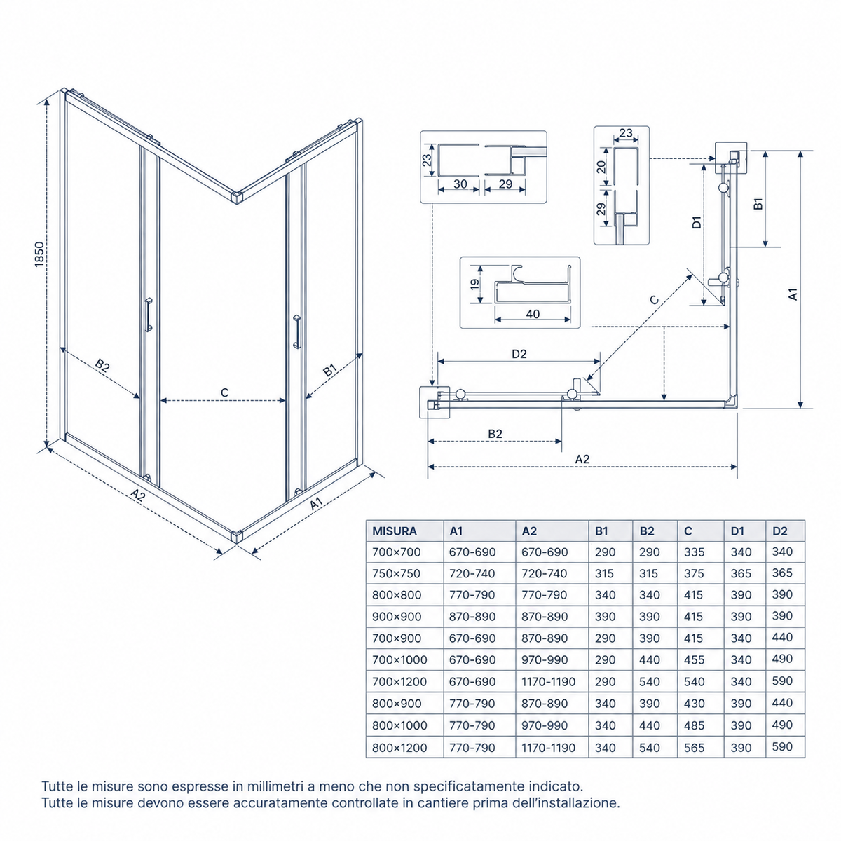 Box doccia angolare 120x80 cm due ante scorrevoli vetro 6mm trasparente h190 | Kleis