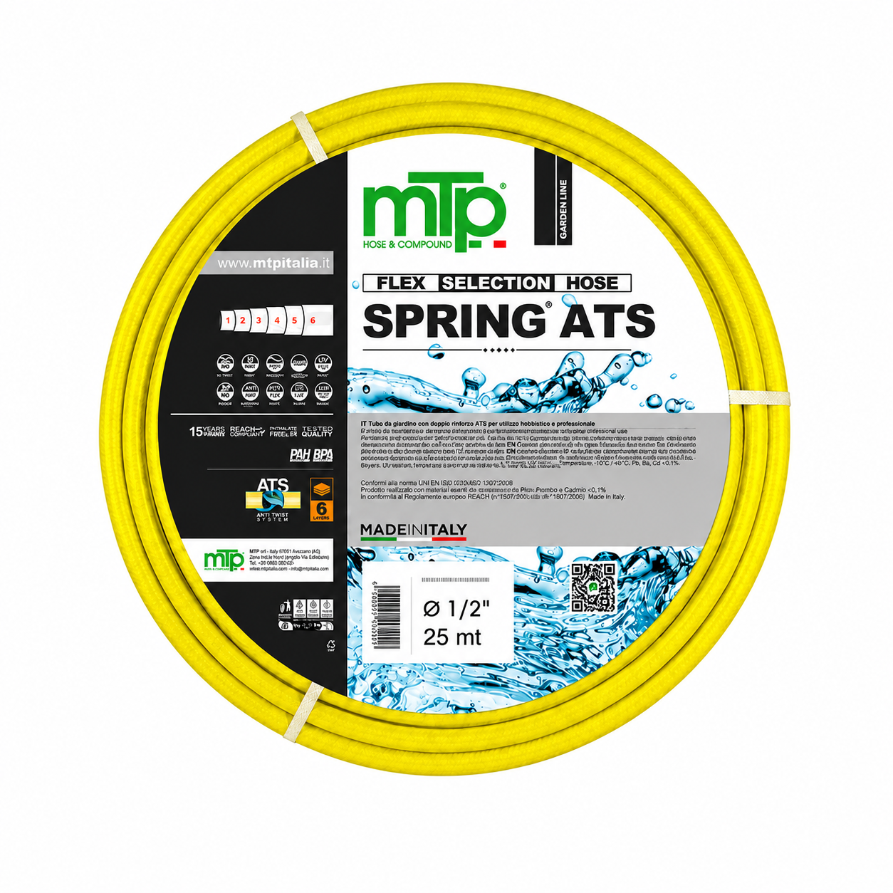 Tubo da Giardino MTP Spring ATS 1/2” (12,5 mm) x 25 mt – Tubo Irrigazione PVC 6 Strati Antitorsione, Anti UV, Antialga – Made in Italy