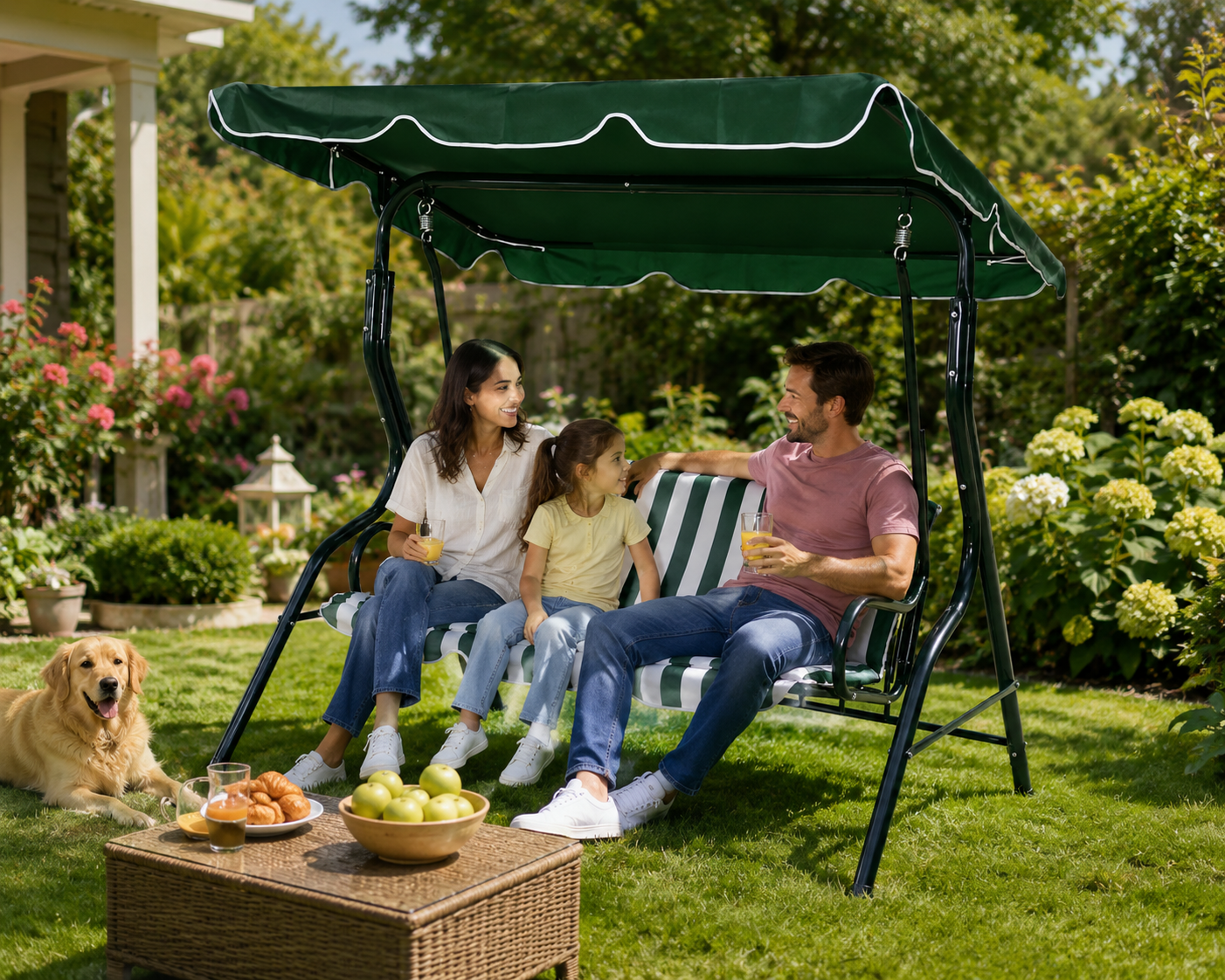 Dondolo da Giardino 3 Posti Verde e Bianco – Struttura in Acciaio con Tettuccio – 170x115x152 cm