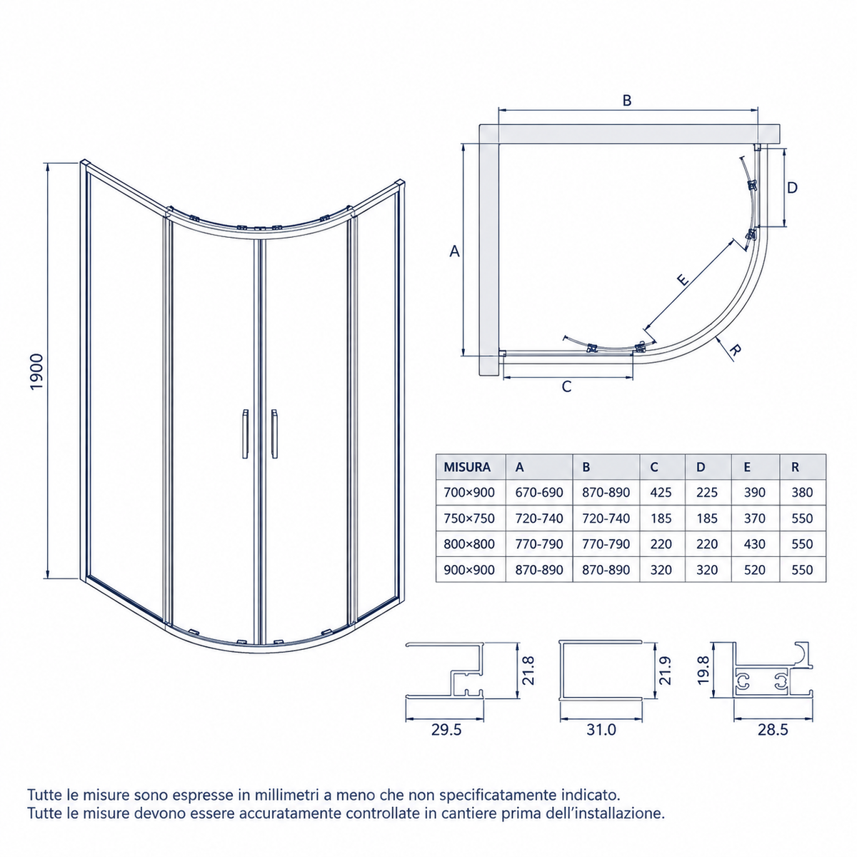 Box doccia semicircolare 80x80 cm 2 ante scorrevoli vetro 6 mm anticalcare trasparente h190 | Copenaghen
