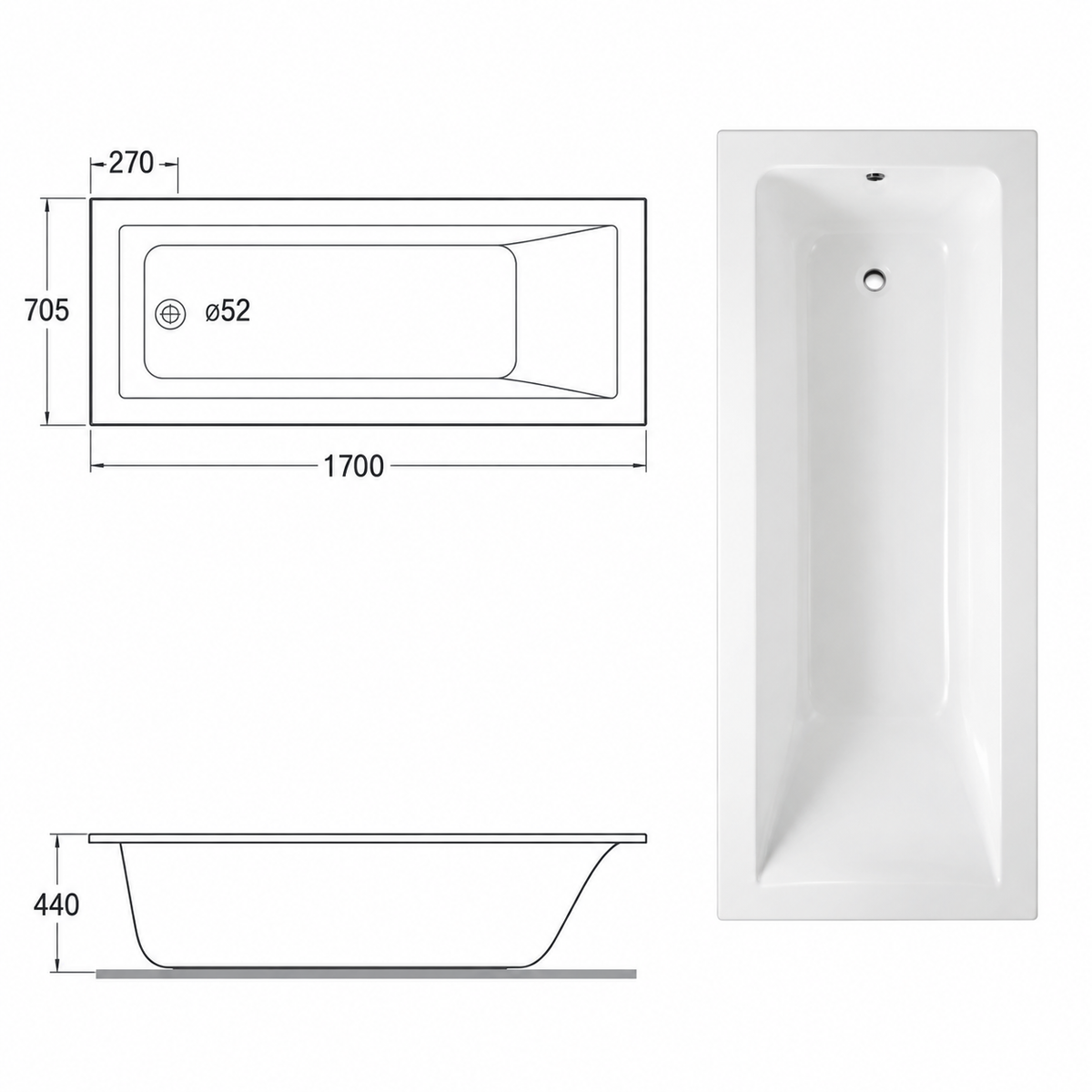 RAK - Serie Metropolitan - Vasca da Bagno da Incasso in Vetroresina 170x70 cm con Telaio
