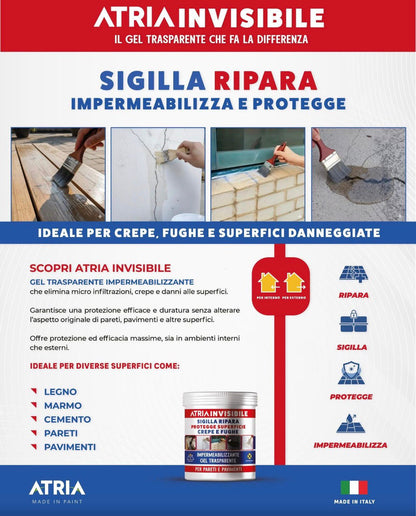 ATRIA Invisibile Impermeabilizzante Trasparente Elastomerico per Terrazze, Balconi e Pareti 0,750 Lt / 2,5 Lt