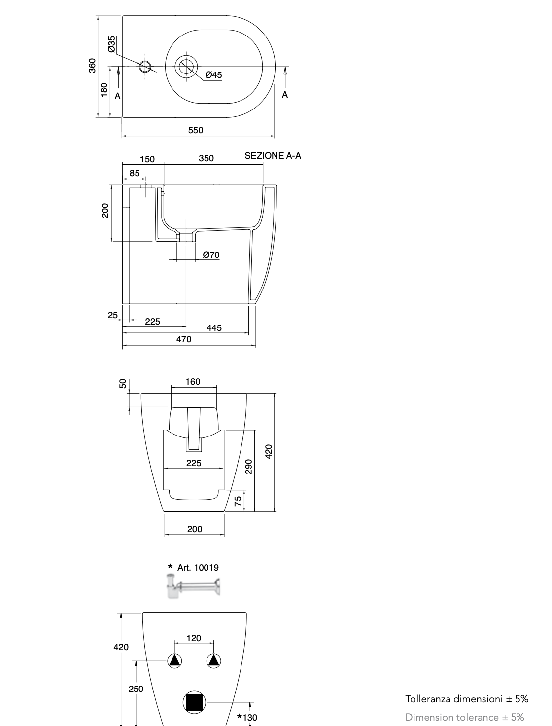 SCARABEO MOON Bidet a Terra Filo Parete 55x36 cm – Bidet Monoforo in Ceramica Bianca