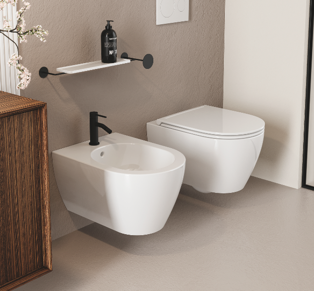 Set Sanitari Sospesi Scarabeo Moon 50,5x36 cm – WC Clean Flush Senza Brida + Bidet + Sedile Incluso