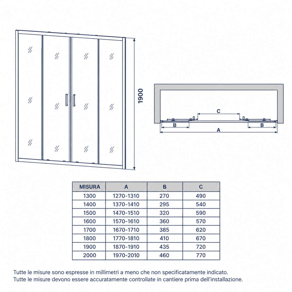 Porta Doccia 170 cm 2 Ante Scorrevoli Vetro 6 mm Trasparente | Loop Evo