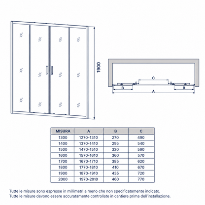 Porta Doccia 170 cm 2 Ante Scorrevoli Vetro 6 mm Trasparente | Loop Evo