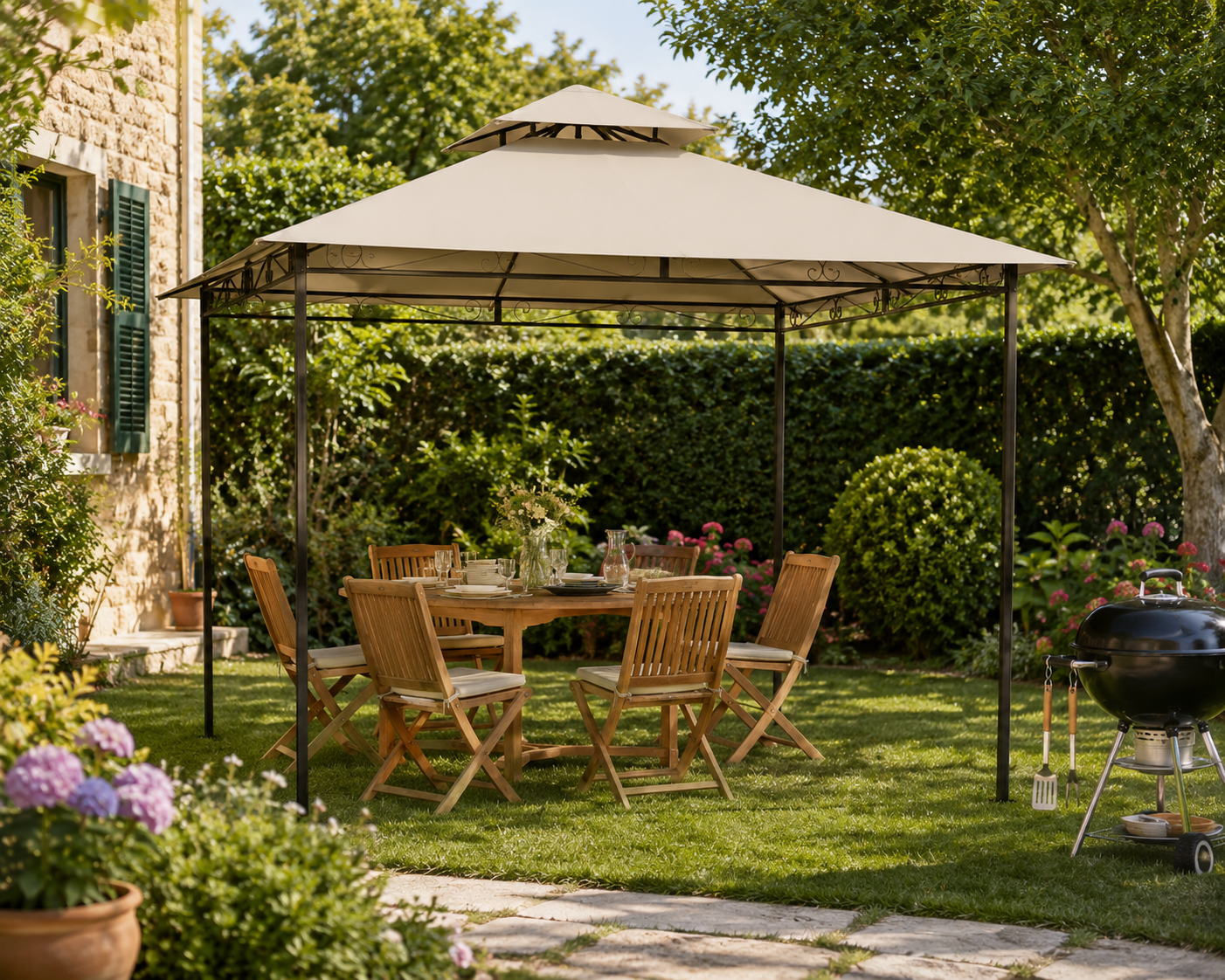 Gazebo da Giardino 3x3 mt Echos – Struttura in Alluminio con Telo Ecrù e Cupola Airvent
