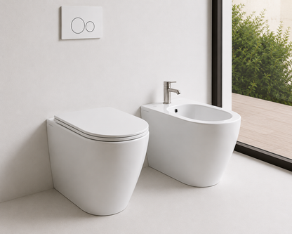 SCARABEO Set Sanitari MOON WC Rimless + Bidet a Terra Filo Parete con Coprivaso Incluso