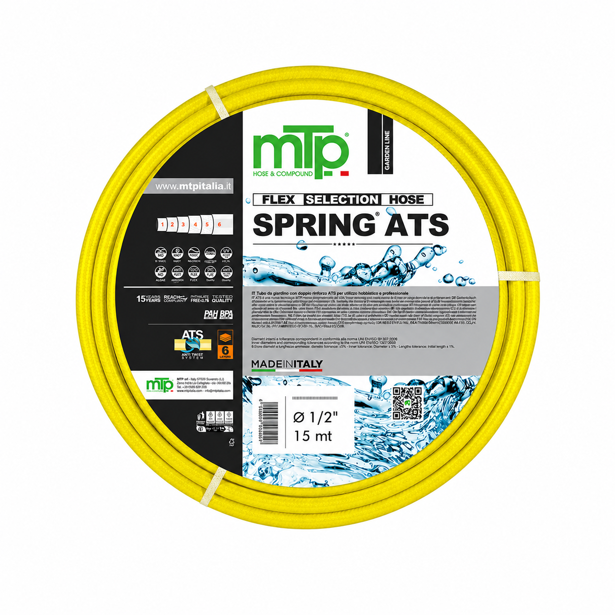 Tubo da Giardino MTP Spring ATS 1/2” (12,5 mm) x 15 mt – Tubo Irrigazione PVC 6 Strati Antitorsione Anti UV Antialga Made in Italy