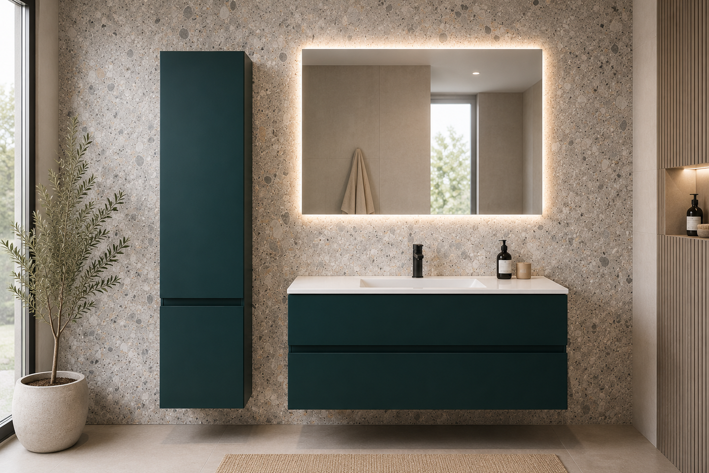 Mobile Bagno Sospeso LASA IDEA 105 cm Verde Scuro Opaco con Top in Tecnoril Bianco e Colonna Pensile – Lavabo Integrato