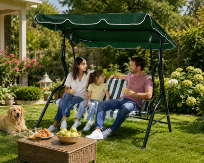 Dondolo da Giardino 3 Posti Verde e Bianco – Struttura in Acciaio con Tettuccio – 170x115x152 cm
