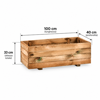 Fioriera Rettangolare in Legno di Pino 100x40x33 cm – Vaso Portafiori da Giardino e Terrazzo