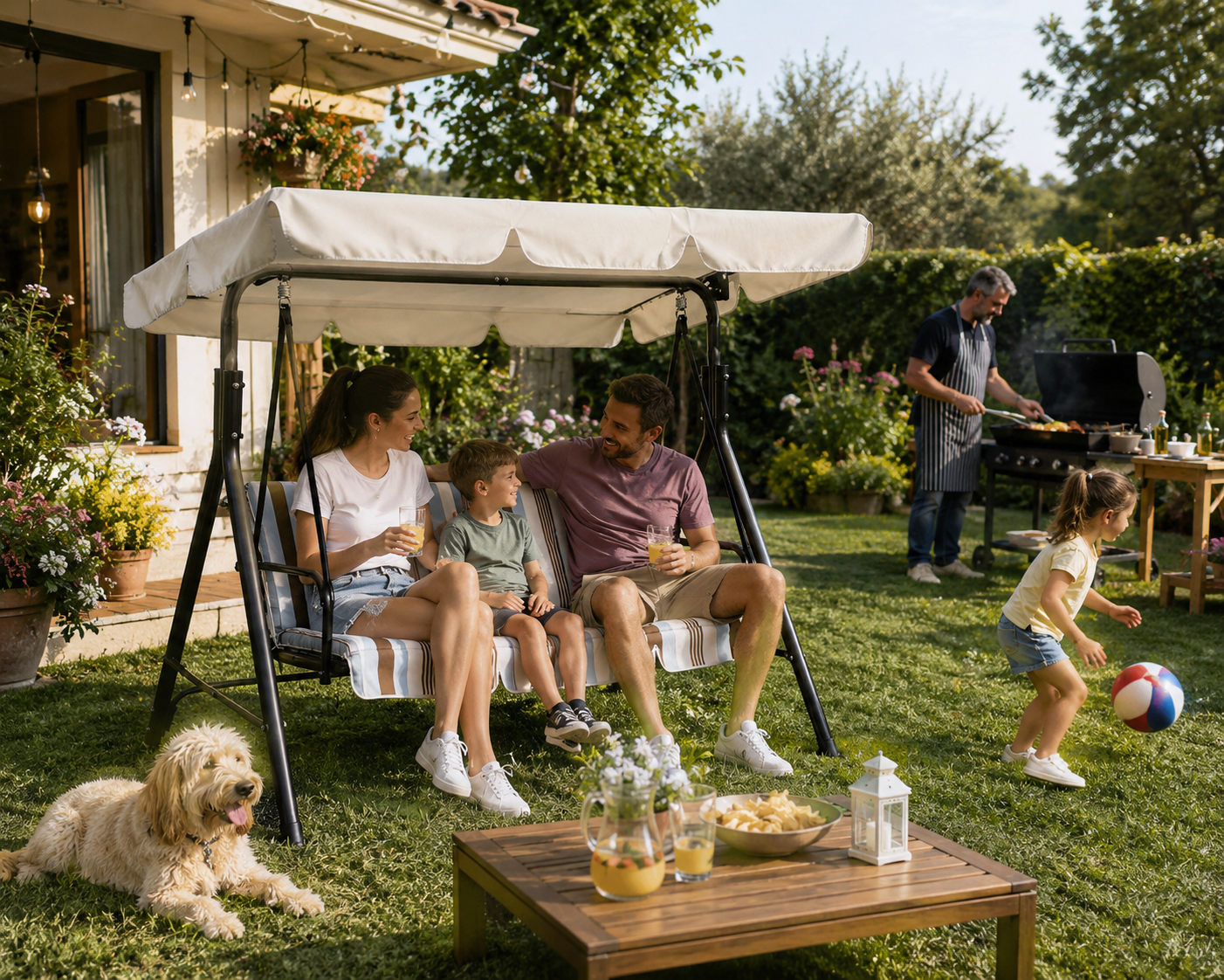 Dondolo da Giardino 3 Posti con Tettuccio – Acciaio Ø 38 mm – Bianco e Grigio – 170x110x153 cm