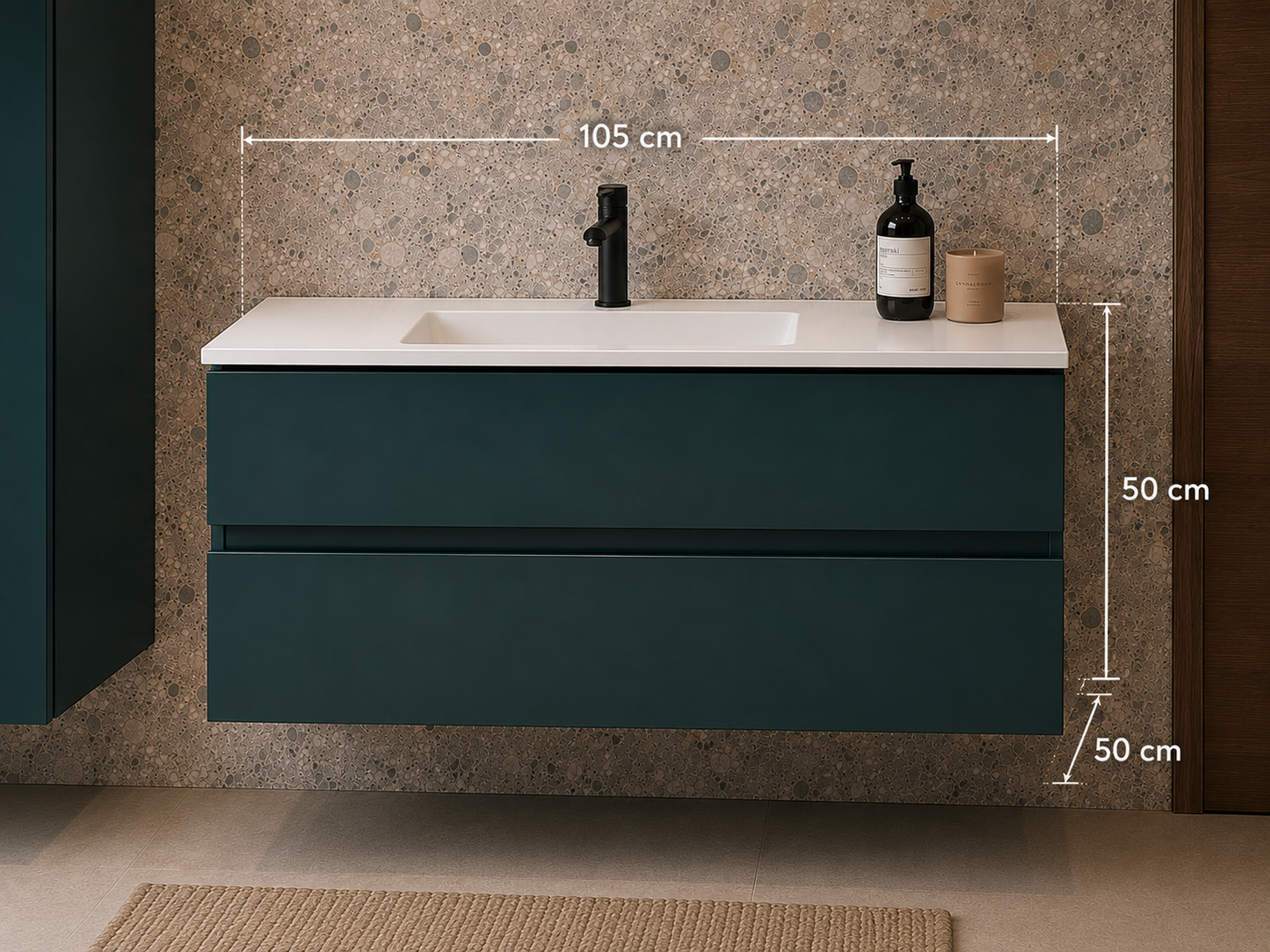 Mobile Bagno Sospeso LASA IDEA 105 cm Verde Scuro Opaco con Top in Tecnoril Bianco e Colonna Pensile – Lavabo Integrato