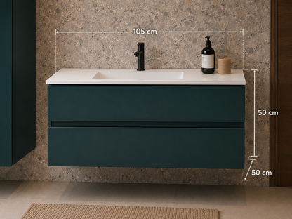 Mobile Bagno Sospeso LASA IDEA 105 cm Verde Scuro Opaco con Top in Tecnoril Bianco e Colonna Pensile – Lavabo Integrato