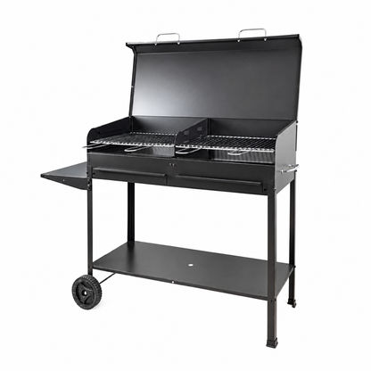 Barbecue a Carbone 100x40 cm con Coperchio – Doppia Griglia 47x37 cm, 2 Bracieri Estraibili, Piano Inferiore, Ruote – Made in Italy