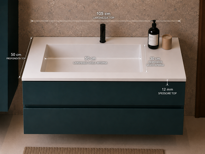 Mobile Bagno Sospeso LASA IDEA 105 cm Verde Scuro Opaco con Top in Tecnoril Bianco e Colonna Pensile – Lavabo Integrato