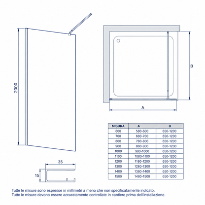 Parete Doccia Walk-In 140 cm Vetro 8 mm Anticalcare Trasparente h200 | Malaga