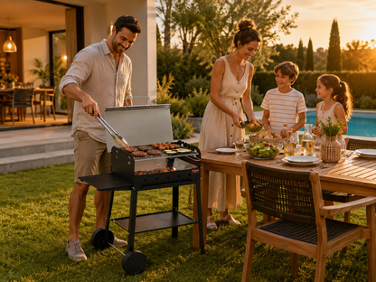 Barbecue a Carbone con Coperchio 60x40 cm – Made in Italy – Griglia in Acciaio, Ripiano Laterale e Ruote