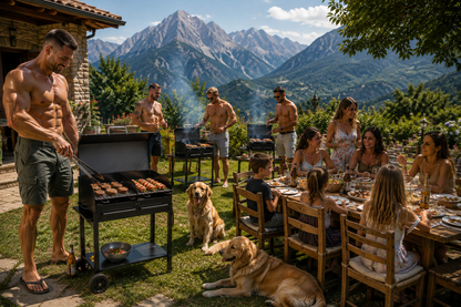 Barbecue a Carbone 100x40 cm con Coperchio – Doppia Griglia 47x37 cm, 2 Bracieri Estraibili, Piano Inferiore, Ruote – Made in Italy