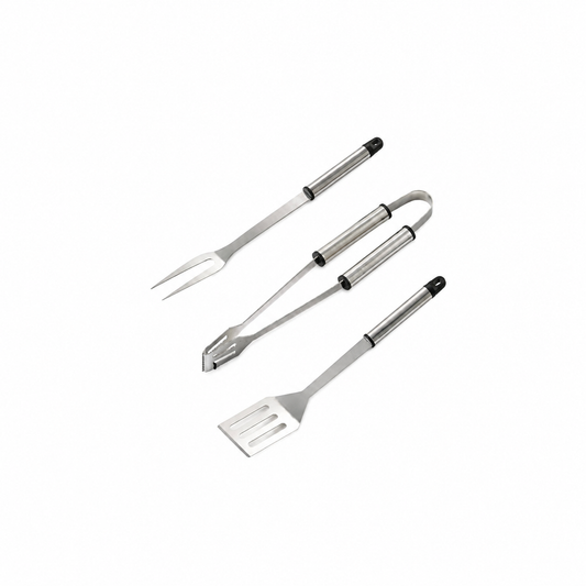 Set Accessori Barbecue 3 Pezzi in Acciaio 36 cm – Spatola, Pinza e Forchettone con Manico Ergonomico per Griglia e BBQ