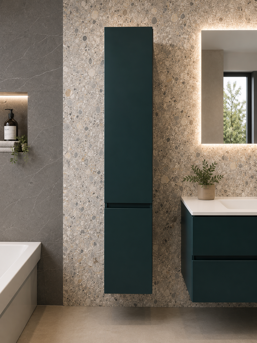 Mobile Bagno Sospeso LASA IDEA 105 cm Verde Scuro Opaco con Top in Tecnoril Bianco e Colonna Pensile – Lavabo Integrato
