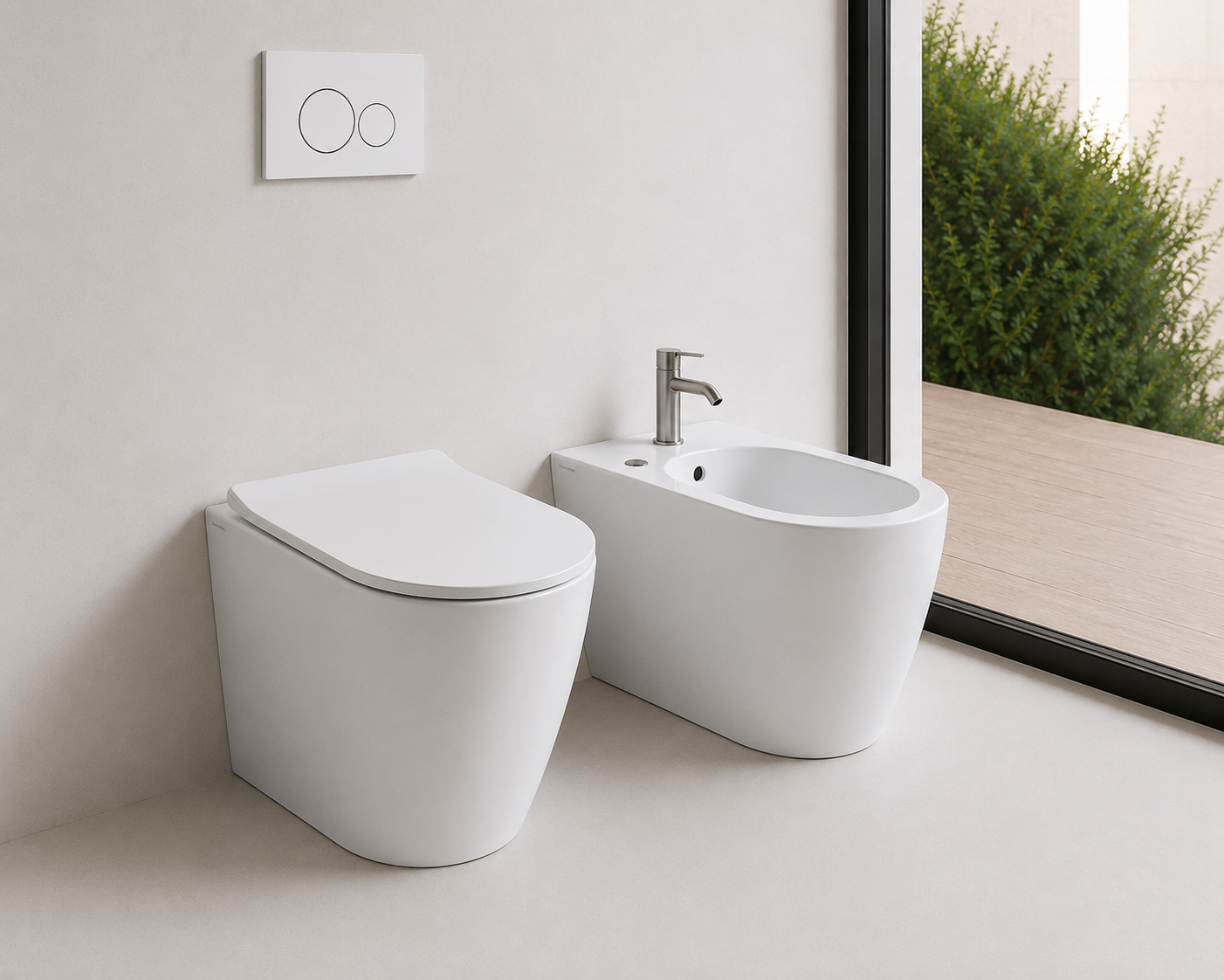 SCARABEO Set Sanitari MOON WC Rimless + Bidet a Terra Filo Parete con Coprivaso Incluso