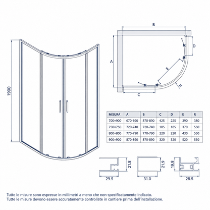 Box doccia semicircolare 80x80 cm 2 ante scorrevoli vetro 6 mm anticalcare trasparente h190 | Copenaghen