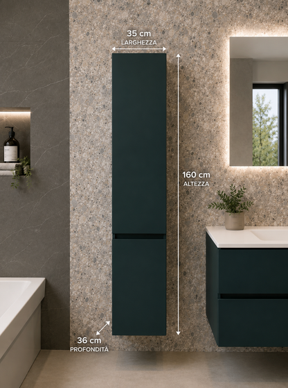 Mobile Bagno Sospeso LASA IDEA 105 cm Verde Scuro Opaco con Top in Tecnoril Bianco e Colonna Pensile – Lavabo Integrato
