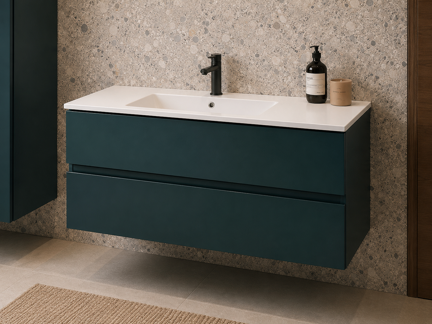 Mobile Bagno Sospeso LASA IDEA 105 cm Verde Scuro Opaco con Top in Tecnoril Bianco e Colonna Pensile – Lavabo Integrato