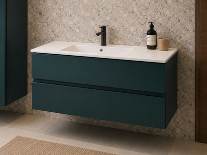 Mobile Bagno Sospeso LASA IDEA 105 cm Verde Scuro Opaco con Top in Tecnoril Bianco e Colonna Pensile – Lavabo Integrato