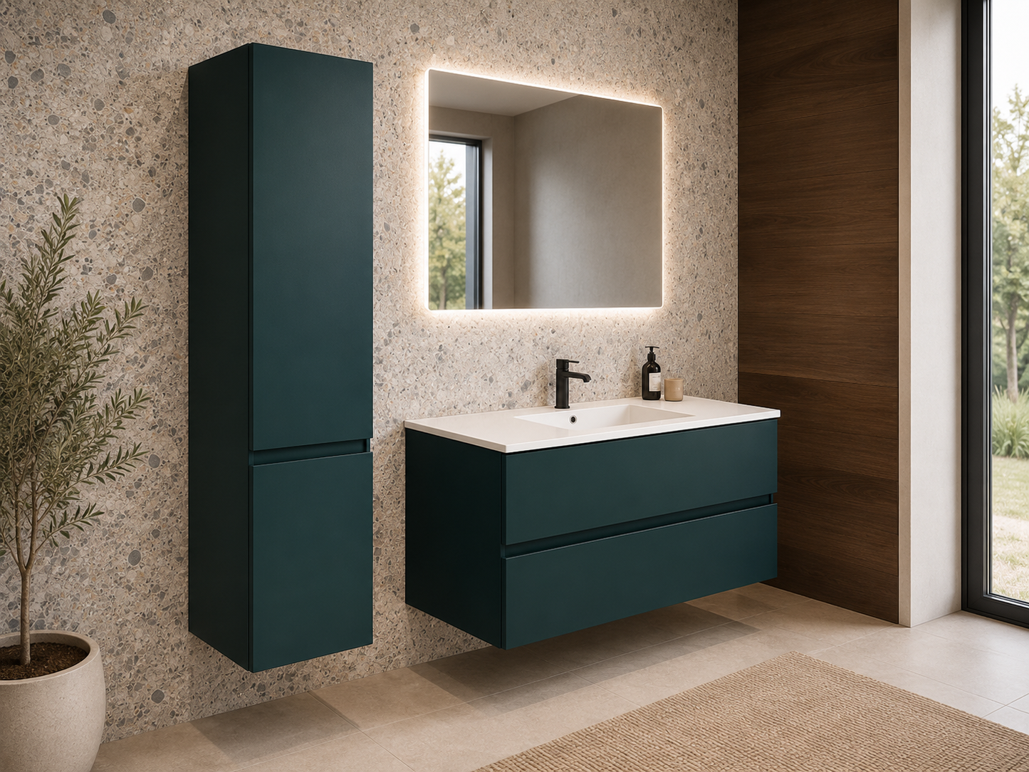 Mobile Bagno Sospeso LASA IDEA 105 cm Verde Scuro Opaco con Top in Tecnoril Bianco e Colonna Pensile – Lavabo Integrato