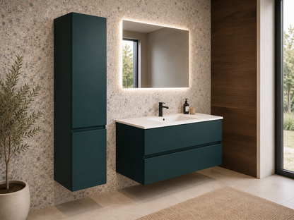 Mobile Bagno Sospeso LASA IDEA 105 cm Verde Scuro Opaco con Top in Tecnoril Bianco e Colonna Pensile – Lavabo Integrato