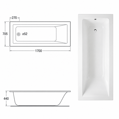 RAK - Serie Metropolitan - Vasca da Bagno da Incasso in Vetroresina 170x70 cm con Telaio