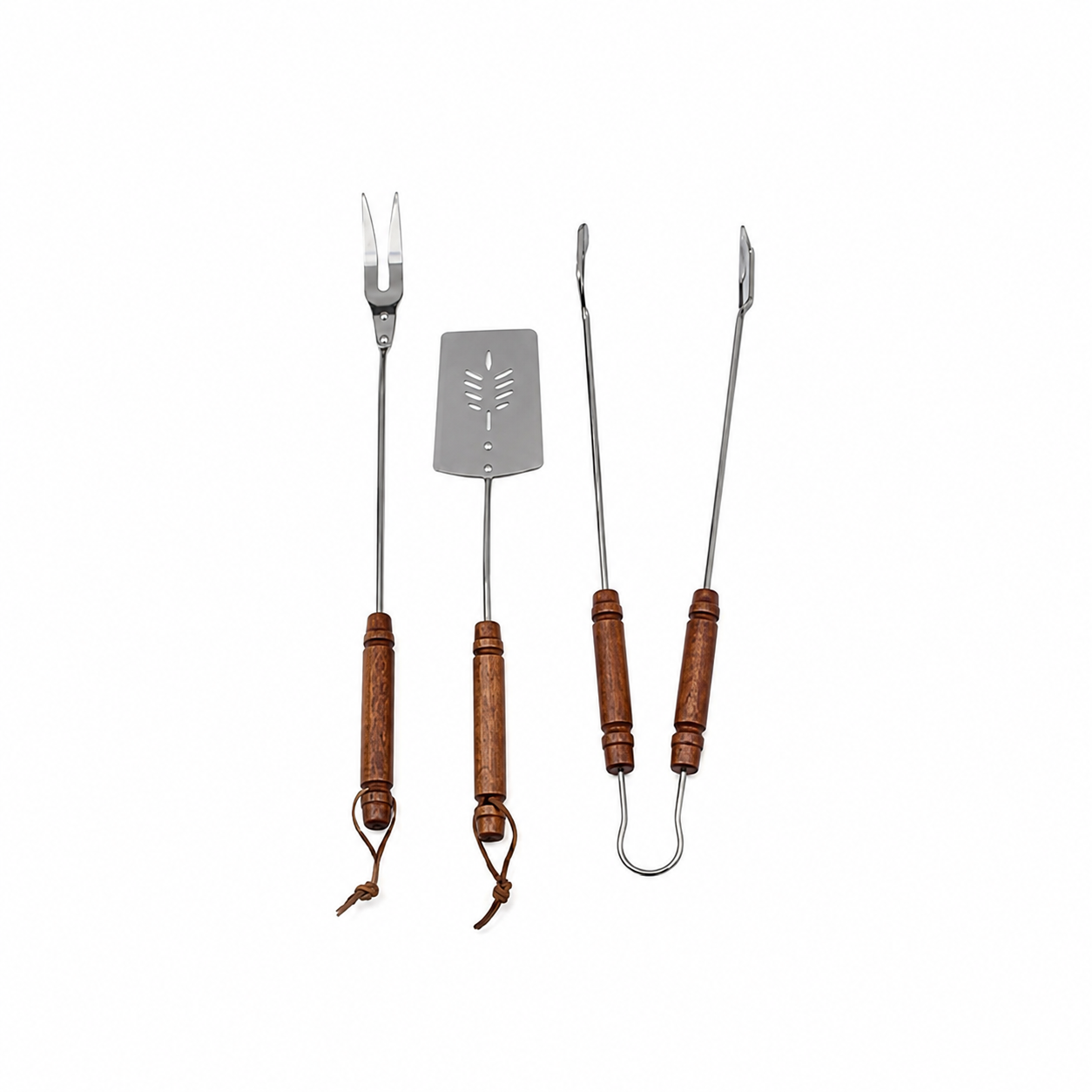 Set Accessori Barbecue 3 Pezzi 55 cm - Spatola, Pinza e Forchettone in Acciaio con Manico Rustico in Legno per BBQ e Grigliate
