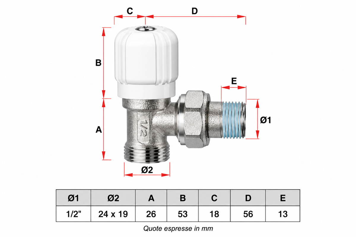 Kit Valvola e Detentore a Squadra 1/2" con Testa Termostatica